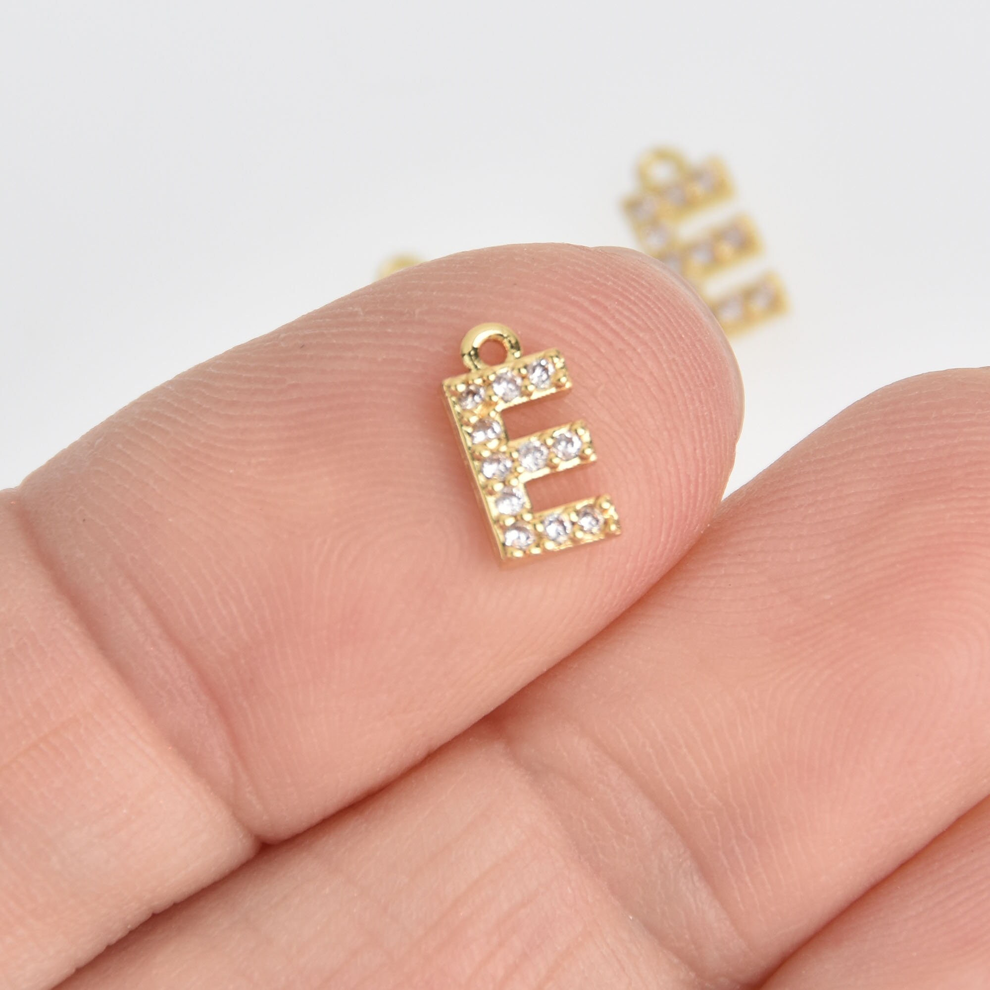 Letter E Gold Plated Charm, Micro Pave Crystals, CZ Initial Charms