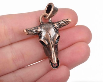 2 Copper Metal Longhorn COW Bull SKULL Charms or Pendants Steer Skull Pendant, 42x30mm, chs2884