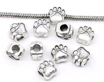 6 Silver PAW PRINT Charm European Bead for large hole European chains bme0024