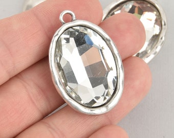 Clear Rhinestone Drop Charm, Oval Crystal Glass in Silver Tone Bezel, 39x26mm, chs6180