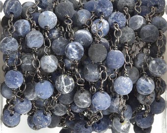 1 yard Matte SODALITE GEMSTONE Rosary Chain, gunmetal, denim blue white natural sodalite, 6mm round gemstone beads, fch0753a