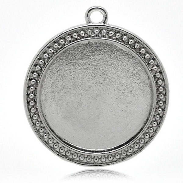 2 Silver Round Picture Frame Charm Pendant Blank for Cabochon, fits 30mm, chs0459