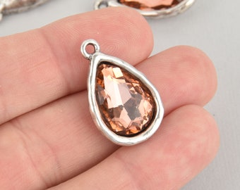 Pink Blush Rhinestone Drop Charm, Teardrop Crystal Glass in Silver Tone Bezel, 27x17mm, chs6175