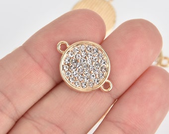 4 Gold Rhinestone Drop Charms, 2-hole connector links, 16mm round coin charms, chs7132