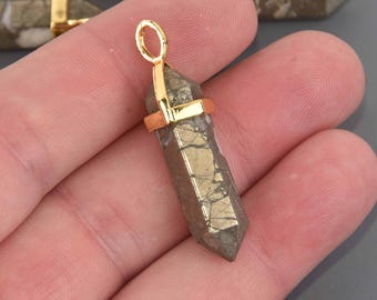 1 Pyrite Charm, Gemstone Point Pendant, gold trim, 1.5", chs8547
