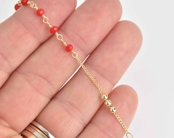 1 yard 3mm Bead Chain, Gold and Red Crystals, fch1196a