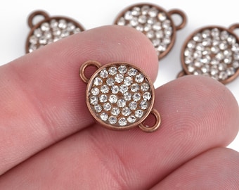 4 Copper Rhinestone Drop Charms, 2-hole connector links, 13mm round coin charm rhinestones embedded in center, chs3623
