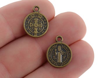 10 Religious Medal Charms, Bronze Relic Charm Pendants, double sided Patron Saint charms, 15x12mm, chs3368