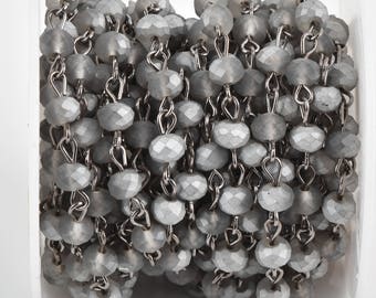 1 yard Frosted Matte SILVER GREY Crystal Rondelle Rosary Chain, gunmetal, 6mm faceted rondelle glass beads, fch0661a