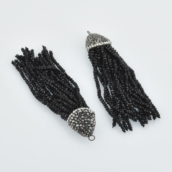 Pave Crystal Bead Cap Metal Tassel With Chain Silver Black 