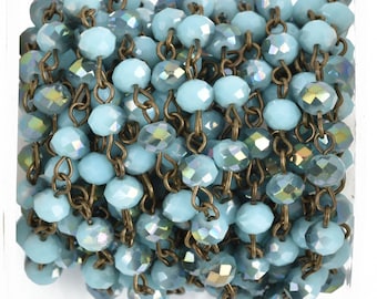 1 yard TURQUOISE BLUE AB Crystal Rondelle Rosary Chain, bronze, 6mm faceted rondelle glass beads, fch0814a
