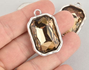 Champagne Rhinestone Drop Charm, Rectangle Octagon Crystal Glass in Silver Tone Bezel, 37x23mm, chs6195