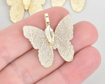 2 Light Gold Butterfly Charms, Real leaf charms, chs5303
