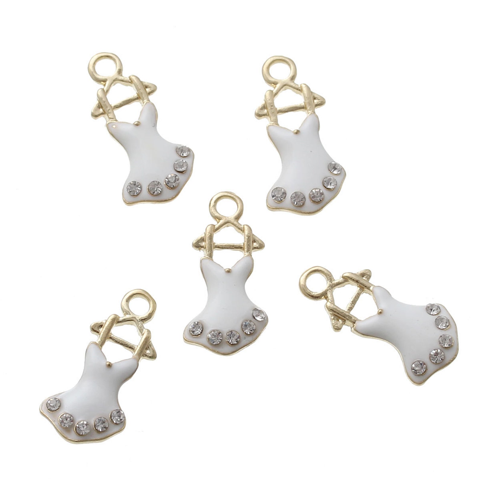 5 rhinestone ballet tutu dress dance charms, white enamel gold tone metal pendants, che0503