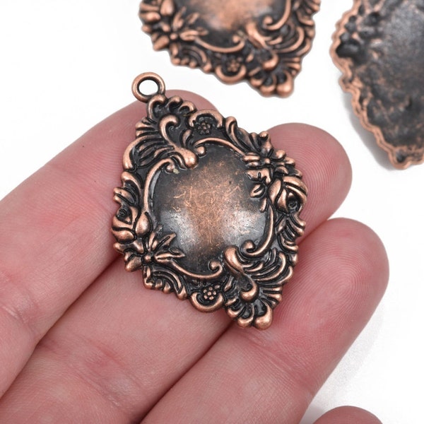 5 Copper Charms, fancy Victorian floral design, frame charms, 42x30mm, chc0089