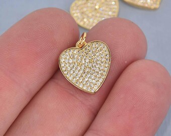 1 Gold Heart Charm, Micro Pave Gold Plated, 14mm, chs8521