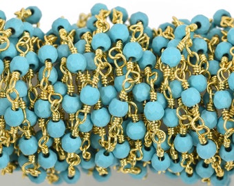 13 feet TURQUOISE BLUE Crystal Chain, Round Rosary Bead Chain, gold double wrapped wire, 4mm faceted round glass beads fch0587b