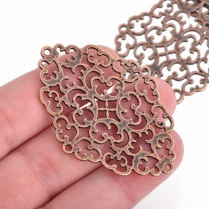 May include: Close-up of several copper-colored filigree oval pendants. The pendants have an intricate, openwork design with swirling patterns and small holes for attaching to other objects. The pendants are held in a hand against a white background.