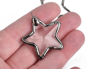 1 Crystal STAR Drop Pendant, Clear Glass, Faceted, Gunmetal Black Bail, 1.5" long, chs3956