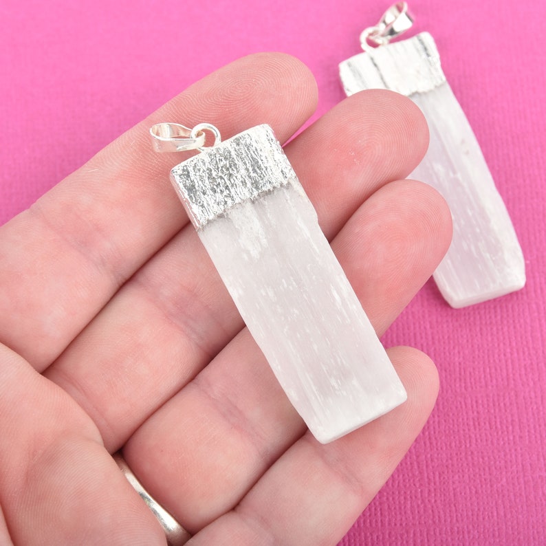 2 long chs4643 Silver Bail 1 White SELENITE Gemstone Stick Charm Pendant