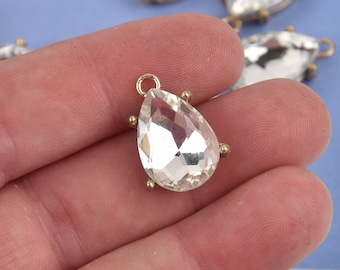 2 Rhinestone Teardrop Drop Charm Pendants, gold bezel setting, faceted crystal glass, 3/4" long, chg0425