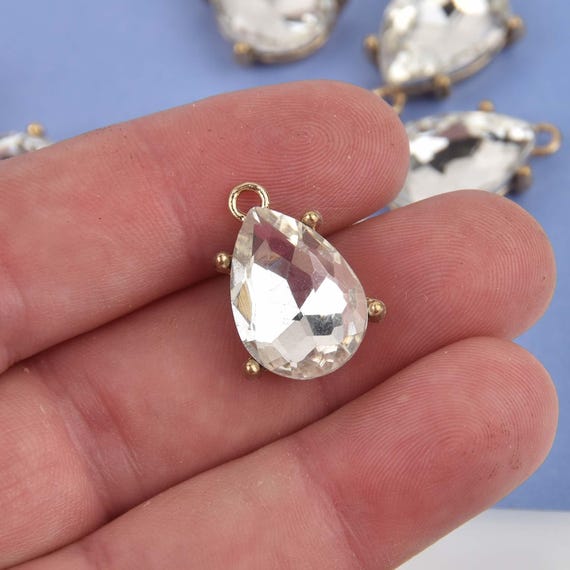 2 Rhinestone Teardrop Drop Charm Pendants, gold bezel setting, faceted crystal glass, 3/4" long, chg0425