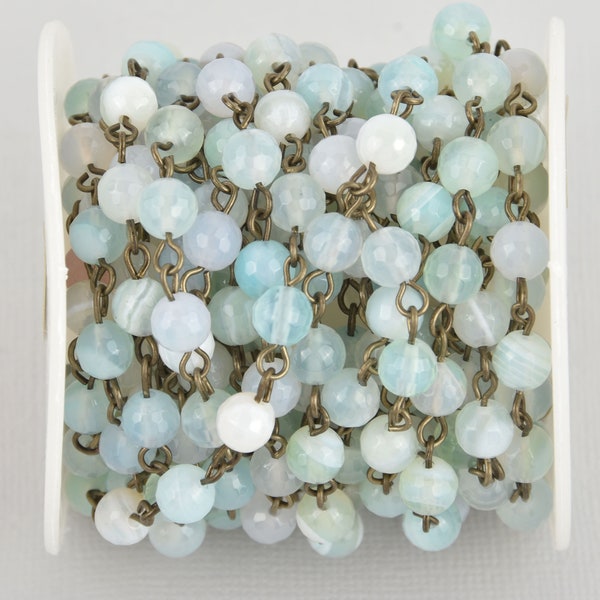 6mm Robins Egg BLUE AGATE Rosary Chain, bronze wire, fch1086