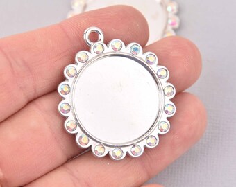 2 Crystal Bezel Charms, silver with AB rhinestones, fits 25mm round cabochons, chs7774