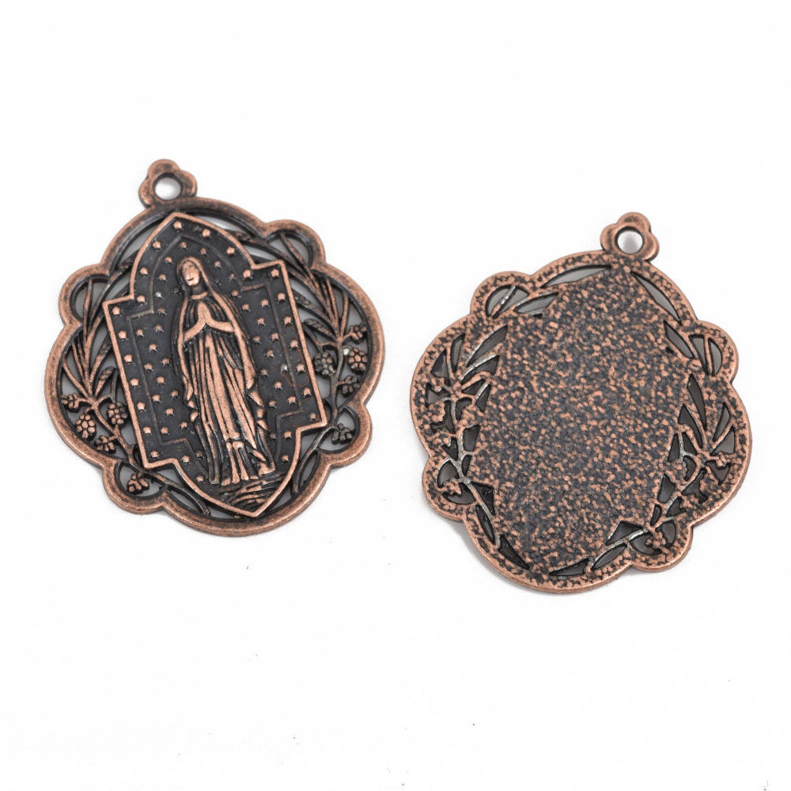 5 Copper Relic Charm Pendants, Religious Medal Coin Charms, Copper
