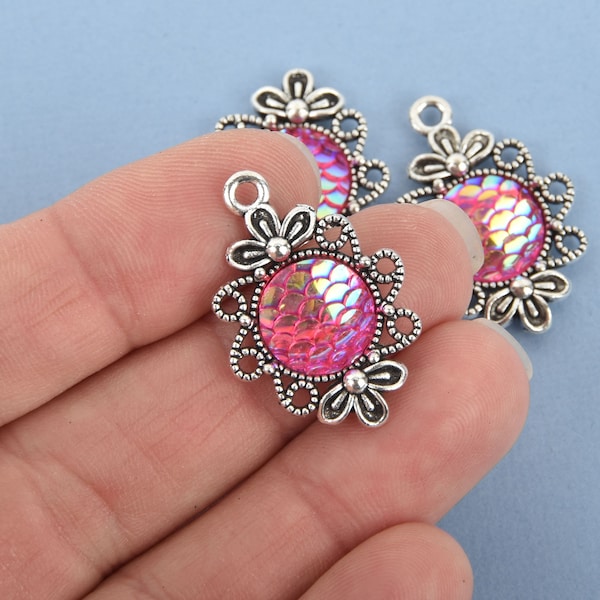 3 MERMAID Charms, PINK AB, Mermaid Scale Charms, Silver Bezel, Fairy Tale Charms, 30mm, chs4798