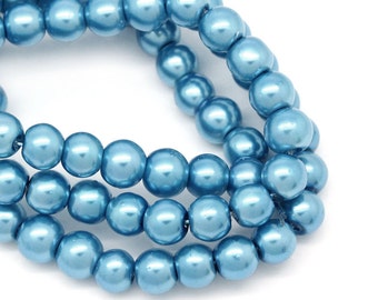 6mm PEACOCK BLUE Round Glass Pearls . long 33" strand . about 160 beads . bgl1123