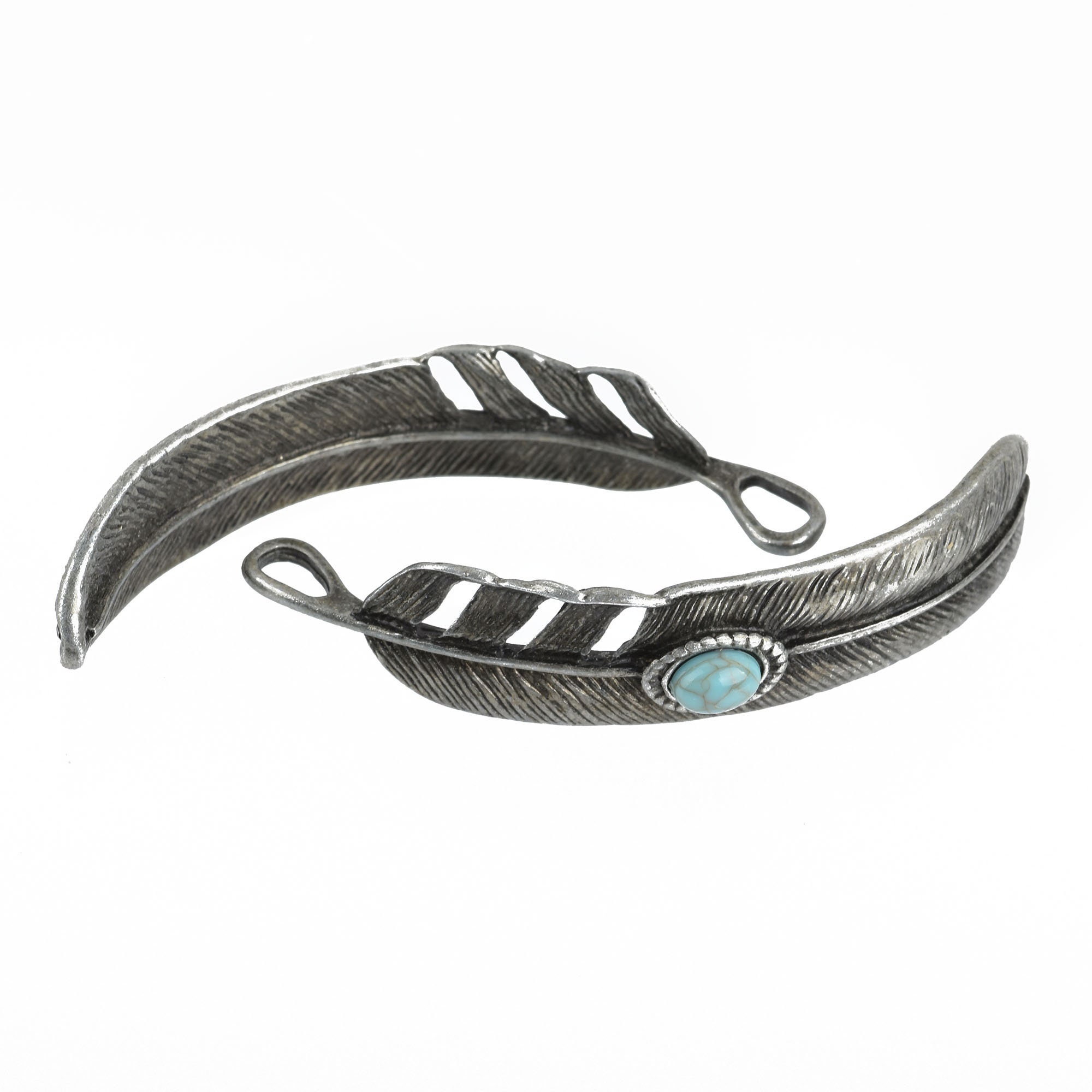 5 FEATHER Bracelet Connector Charms GUNMETAL Turquoise Blue