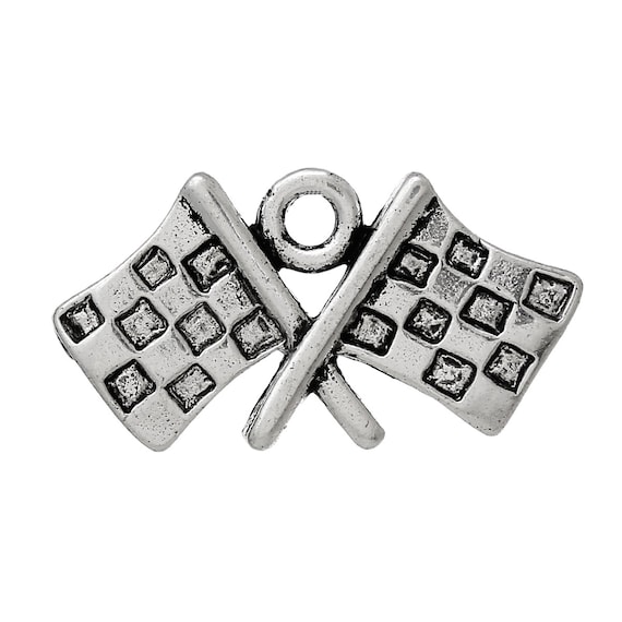 10 X Tibetan Silver CHEQUERED FLAGS 23mm Charms Pendants