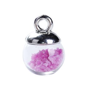 May include: A clear glass orb pendant filled with vibrant purple crystals. The pendant has a silver-colored cap and a loop for hanging. The crystals are a striking contrast to the clear glass, creating a visually appealing accessory.