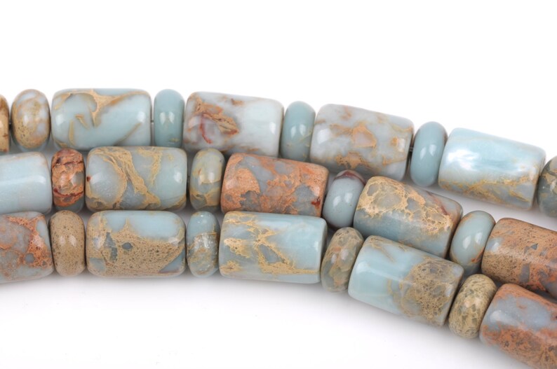 tan natural full strand gja0108 15mm AQUA TERRA JASPER Gemstone Beads blue green Barrel and 10mm Rondelle