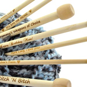 Personalized Engraved Bamboo Knitting Needles, you choose wording and font . Size US Size 10, 6.0mm, UK Size 4 13 long knt0009 image 1