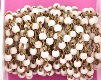 13 feet WHITE Howlite Rosary Chain, bronze links, 4mm round stone beads, fch0615b