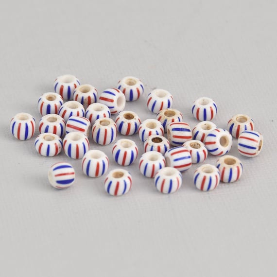 7mm Round Glass Beads white with red and blue stripes x20 Etsy