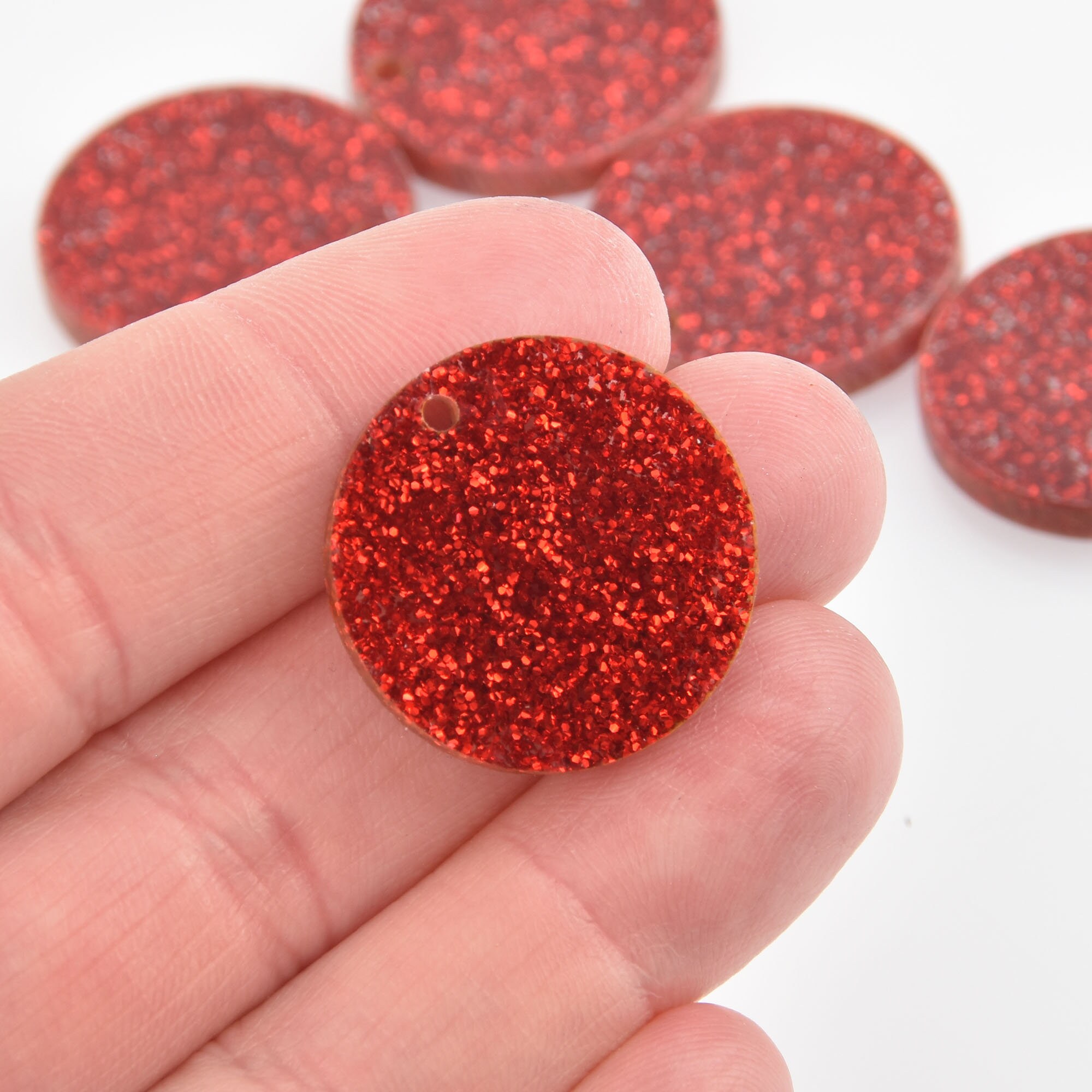 4 Black Acrylic Circle Blanks with Red Confetti Glitter, Big Sparkly R