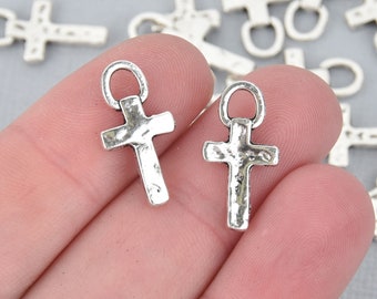 10 Silver Cross Charms, Rustic Hammered Metal Cross, 20mm chs5206
