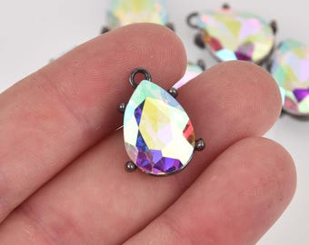 2 Crystal Teardrop Charms, AB crystal with gunmetal bezel setting, 3/4" long, chs8461