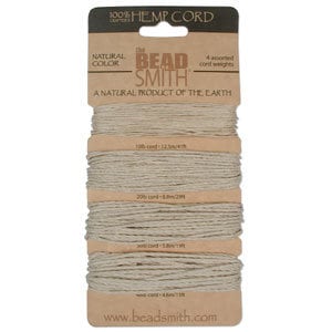 May include: A package of The Bead Smith 100% Hemp Cord in natural color. The package includes four assorted cord weights. The text on the package reads "A Natural Product of the Earth" and "www.beadsmith.com".