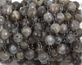 1 yard LABRADORITE GEMSTONE Rosary Chain, gunmetal links, 8mm round faceted gemstone beads, fch0577a