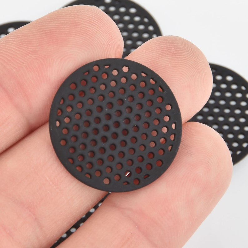 chs5870 10 BLACK Flat Round Charms Perforated Filigree Findings 25mm