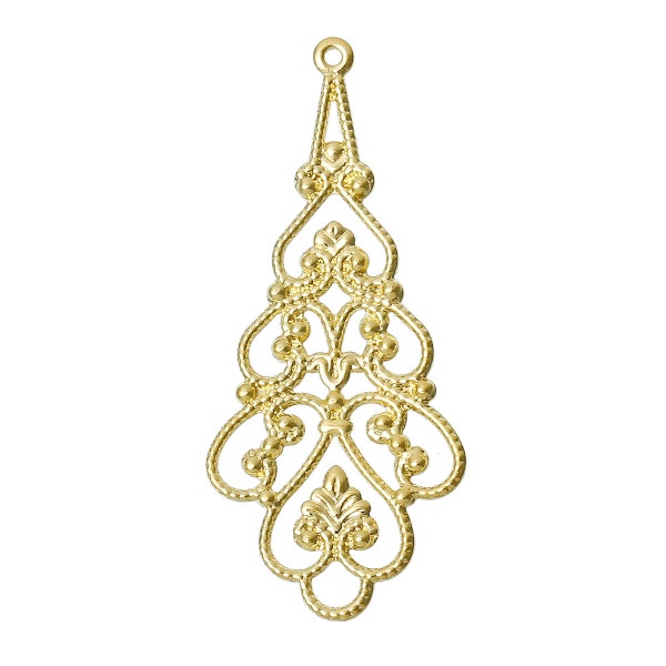 10 GOLD PLATED Brass Teardrop Filigree, Charms, Pendants, Findings, 41x18mm, fil0062