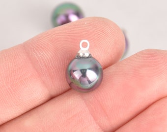 2 Peacock Rainbow Glass Pearl Charms, 10mm dia, chs7072