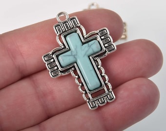 Faux Turquoise Cross Charms, oval shape, silver metal, chs8323