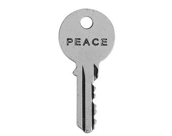 5 Silver PEACE KEY Charms, Antiqued Silver Metal with PEACE stamped on one side, 42x19mm, chs3432