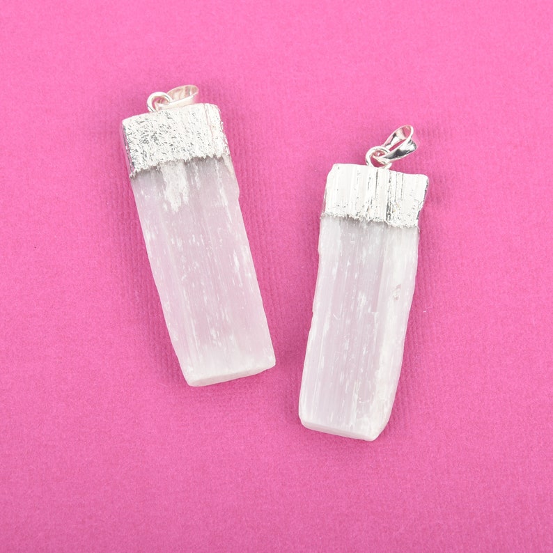 2 long chs4643 Silver Bail 1 White SELENITE Gemstone Stick Charm Pendant