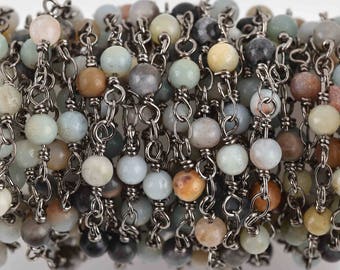 1 yard AMAZONITE GEMSTONE Rosary Chain, gunmetal, 4mm round gemstone beads, fch0617a